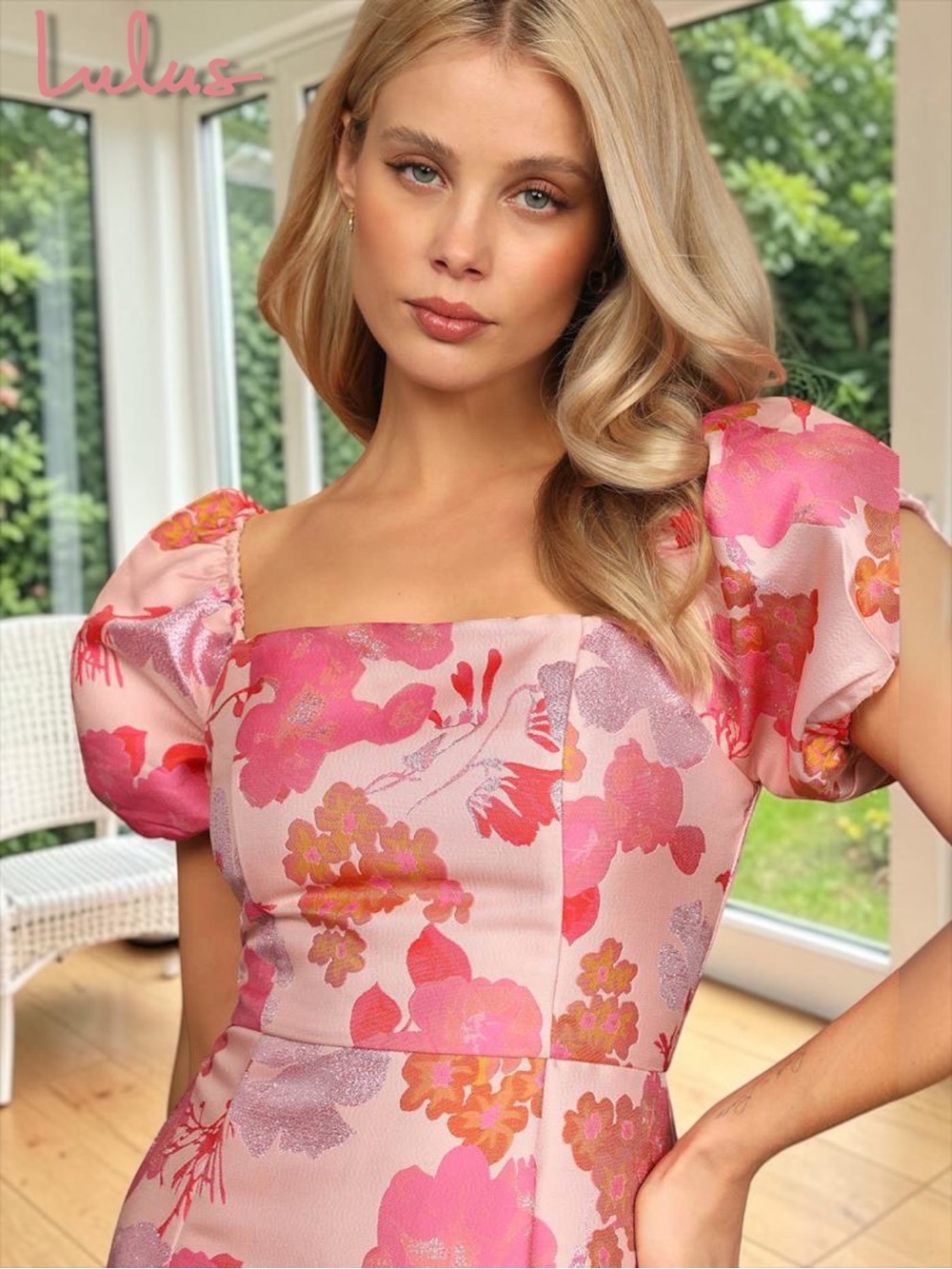 NWT Lulus So Stunning Orange/Pink Multi Floral Jacquard Puff Sleeve Mini Dress X